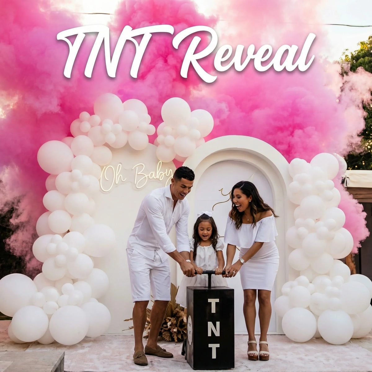 Double the WOW Upgrade — six TNT cannons firing pink powder for a gender reveal