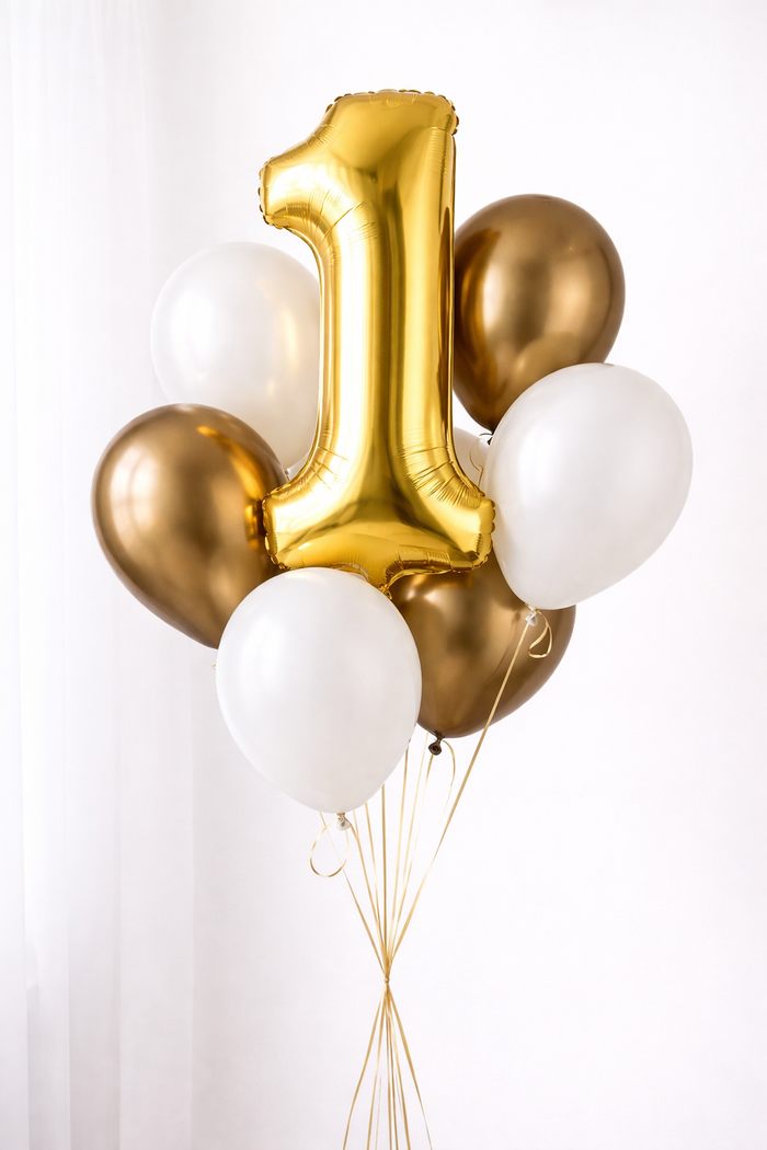 Single gold number balloon with a bundle of 6 latex balloons