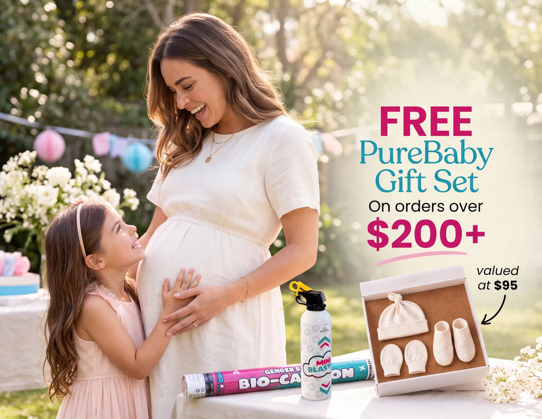 Free PureBaby gift set, valued at $95, on orders over $200 -- a daughter with her hand on her pregnant mum's bump beside a BIO-CANNON and Mini Blaster