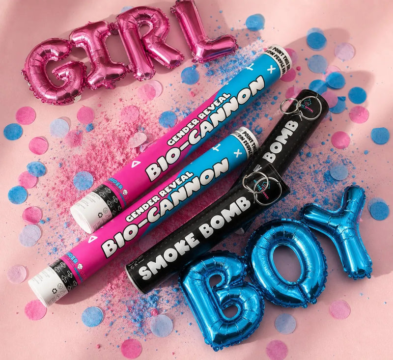 Gender reveal cannons, smoke bombs and balloons